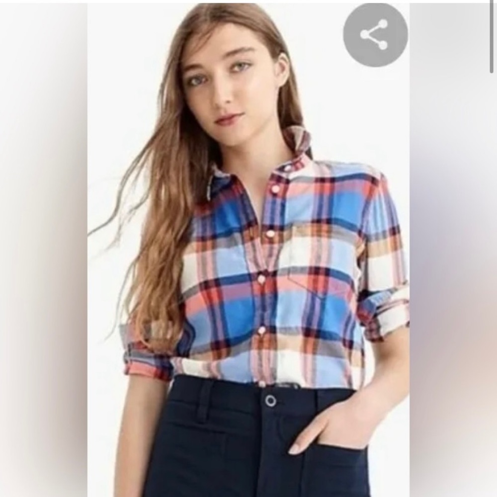 J. Crew Women's Orange cream blue Plaid Cotton blend Button Up shirt